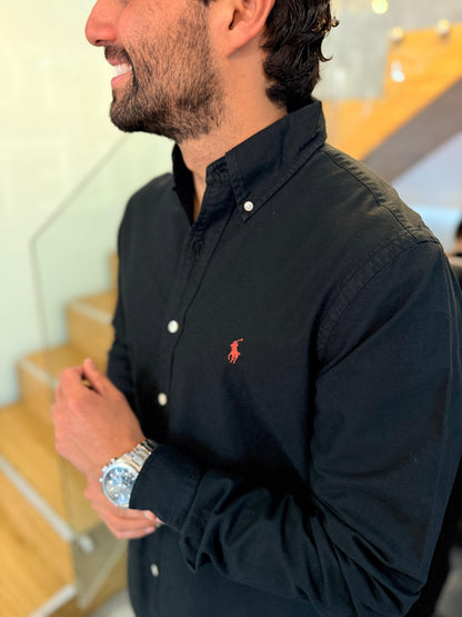 Camisa Polo R.L hombre Oxford Negra Caballo Rojo
