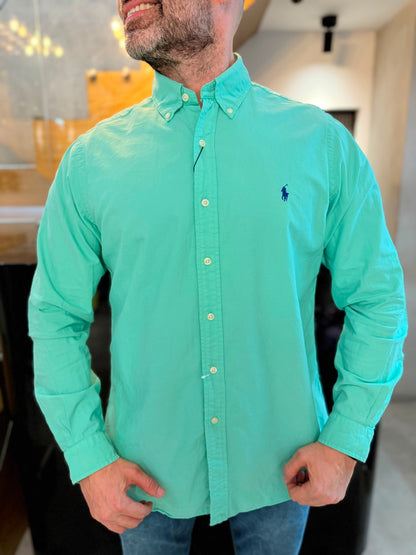 Camisa Polo R.L hombre Oxford Verde Menta Caballo Azul