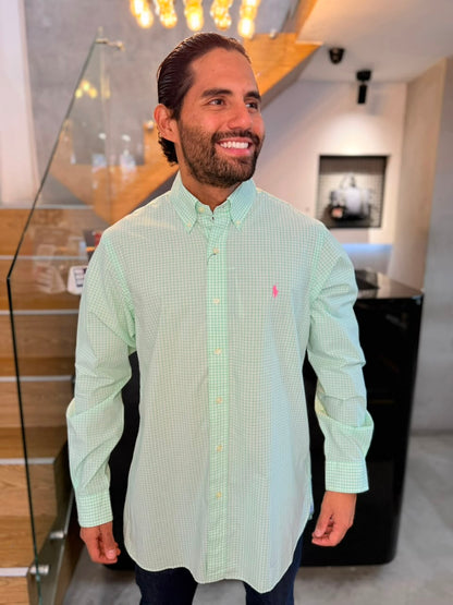 Camisa Polo R.L hombre Algodón Cuadros Verde Pastel Con Blanco Caballo Rosado