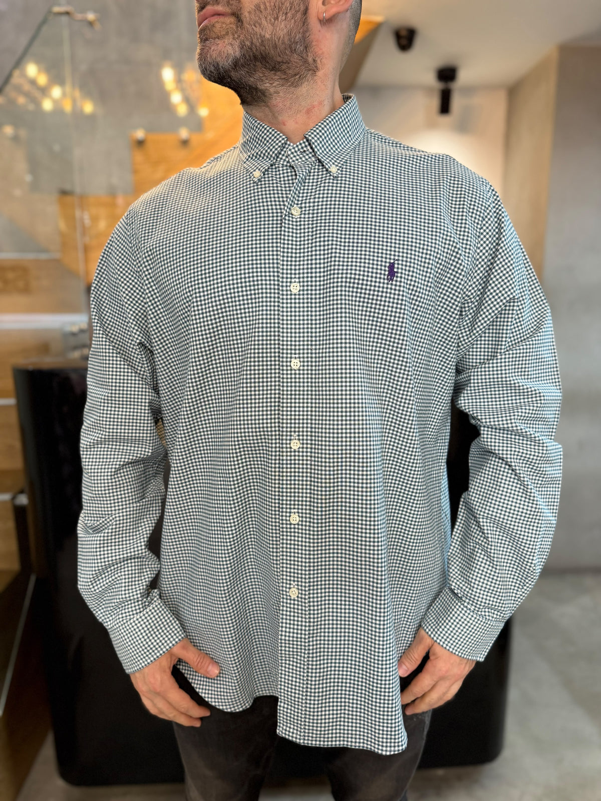 Camisa Polo R.L hombre Oxford Cuadros Verdes Con Blanco Caballo Morado