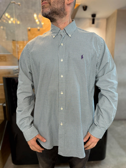 Camisa Polo R.L hombre Oxford Cuadros Verdes Con Blanco Caballo Morado