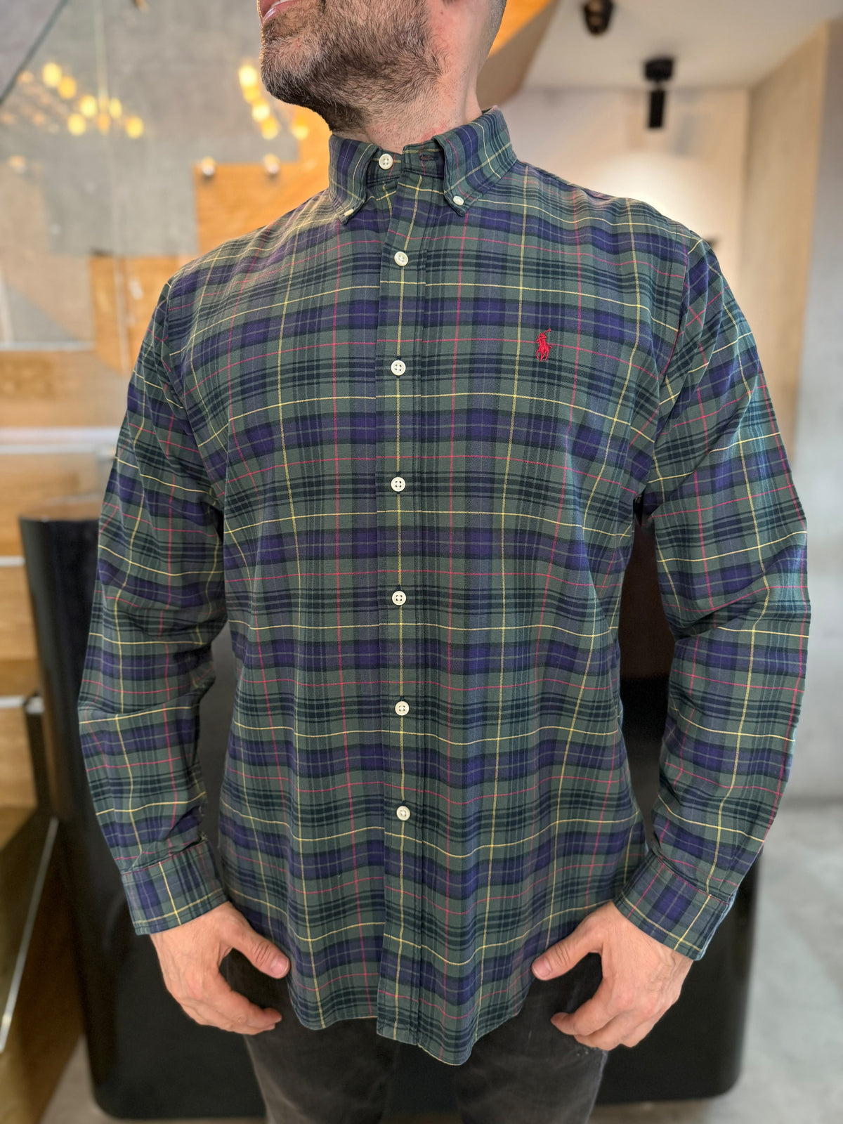 Camisa Polo R.L hombre Oxford Custom Fit Cuadros Verdes Con Morado Caballo Rojo