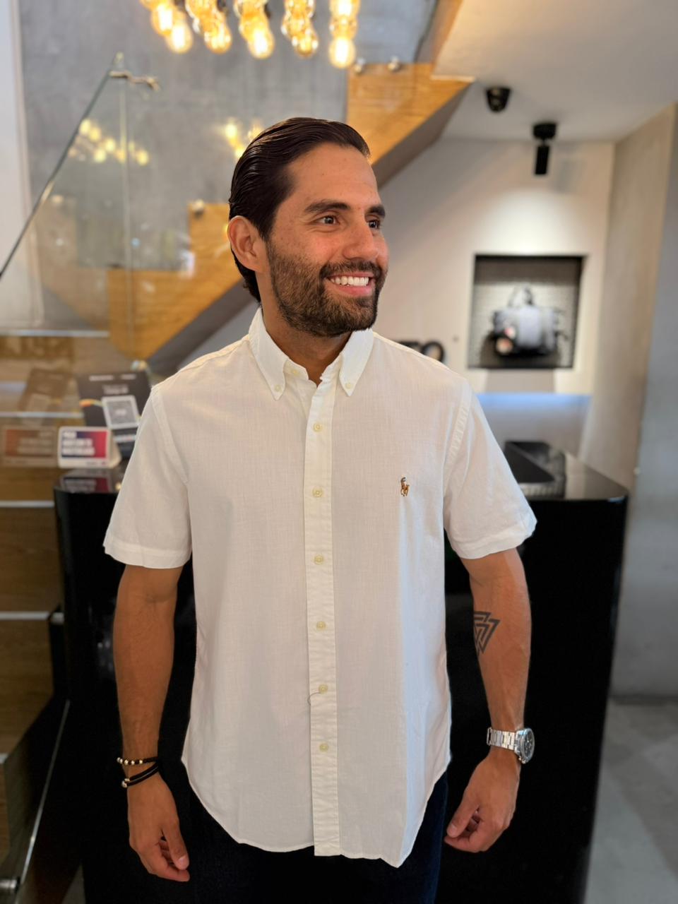Camisa Polo R.L hombre Manga Corta Oxford Blanca Caballo Multicolor