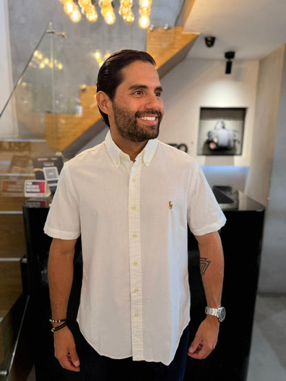 Camisa Polo R.L hombre Manga Corta Oxford Blanca Caballo Multicolor