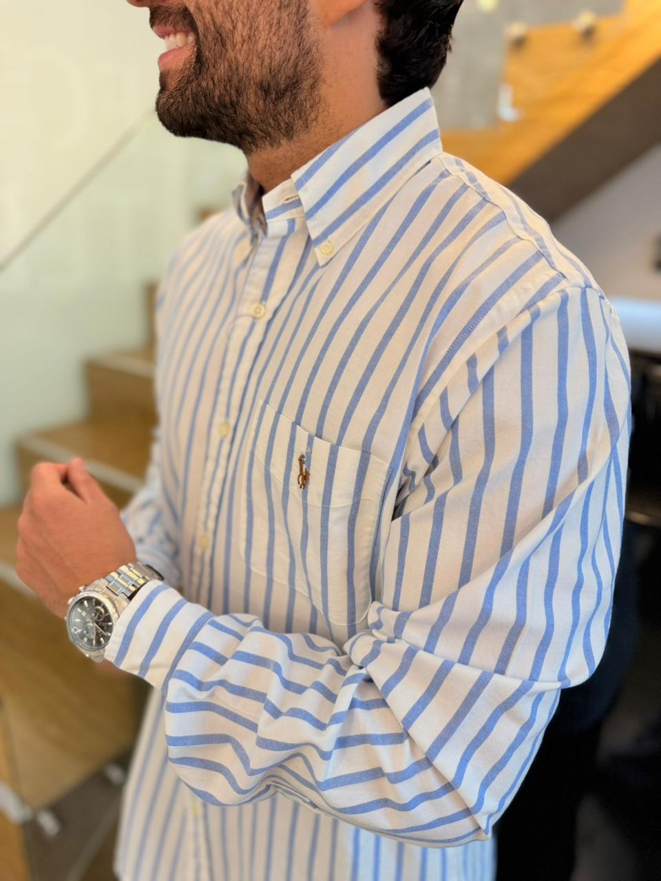 Camisa Polo R.L hombre Oxford Rayas Blancas Con Azul Caballo Multicolor