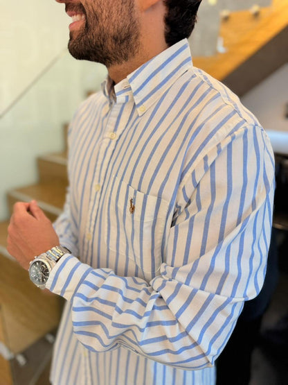 Camisa Polo R.L hombre Oxford Rayas Blancas Con Azul Caballo Multicolor