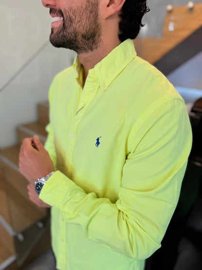 Camisa Polo R.L hombre Oxford Verde Neón Caballo Azul
