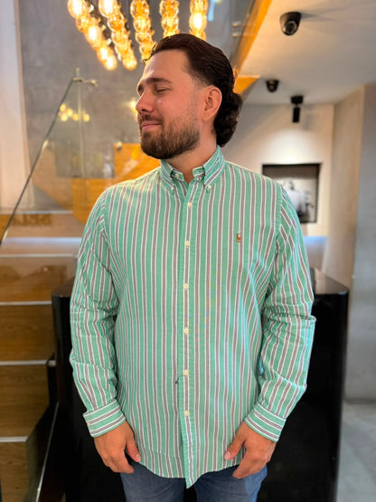 Camisa Polo R.L hombre Oxford Rayas Verdes Caballo Multicolor