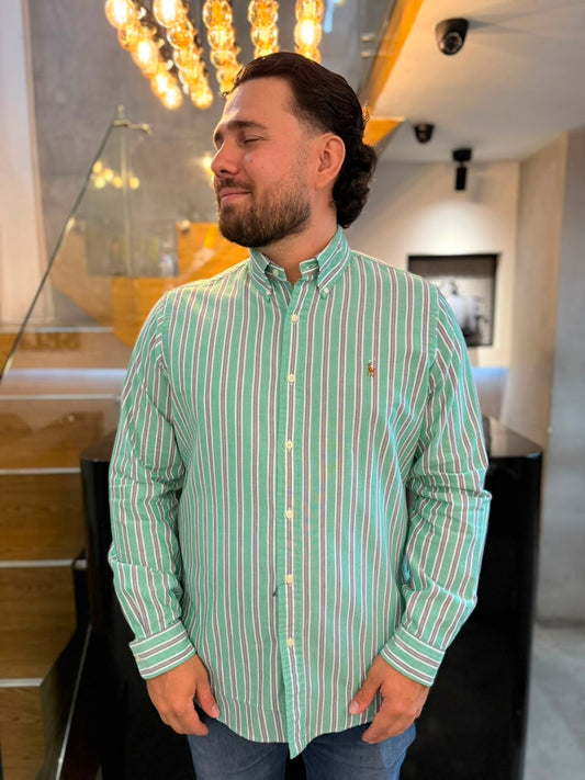 Camisa Polo R.L hombre Oxford Rayas Verdes Caballo Multicolor