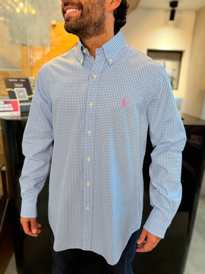 Camisa Polo R.L hombre Algodón Cuadros Celestes Con Blanco Caballo Rosa