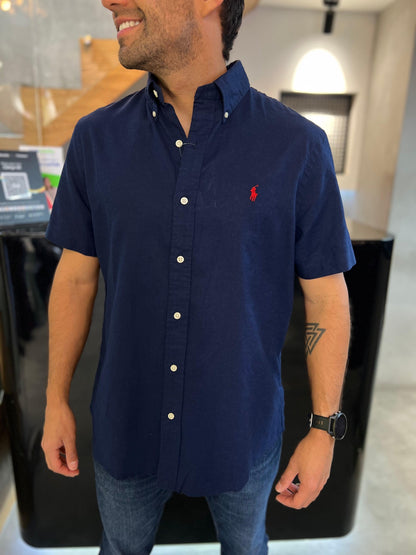 Camisa Polo R.L hombre Azul Manga Corta Lino