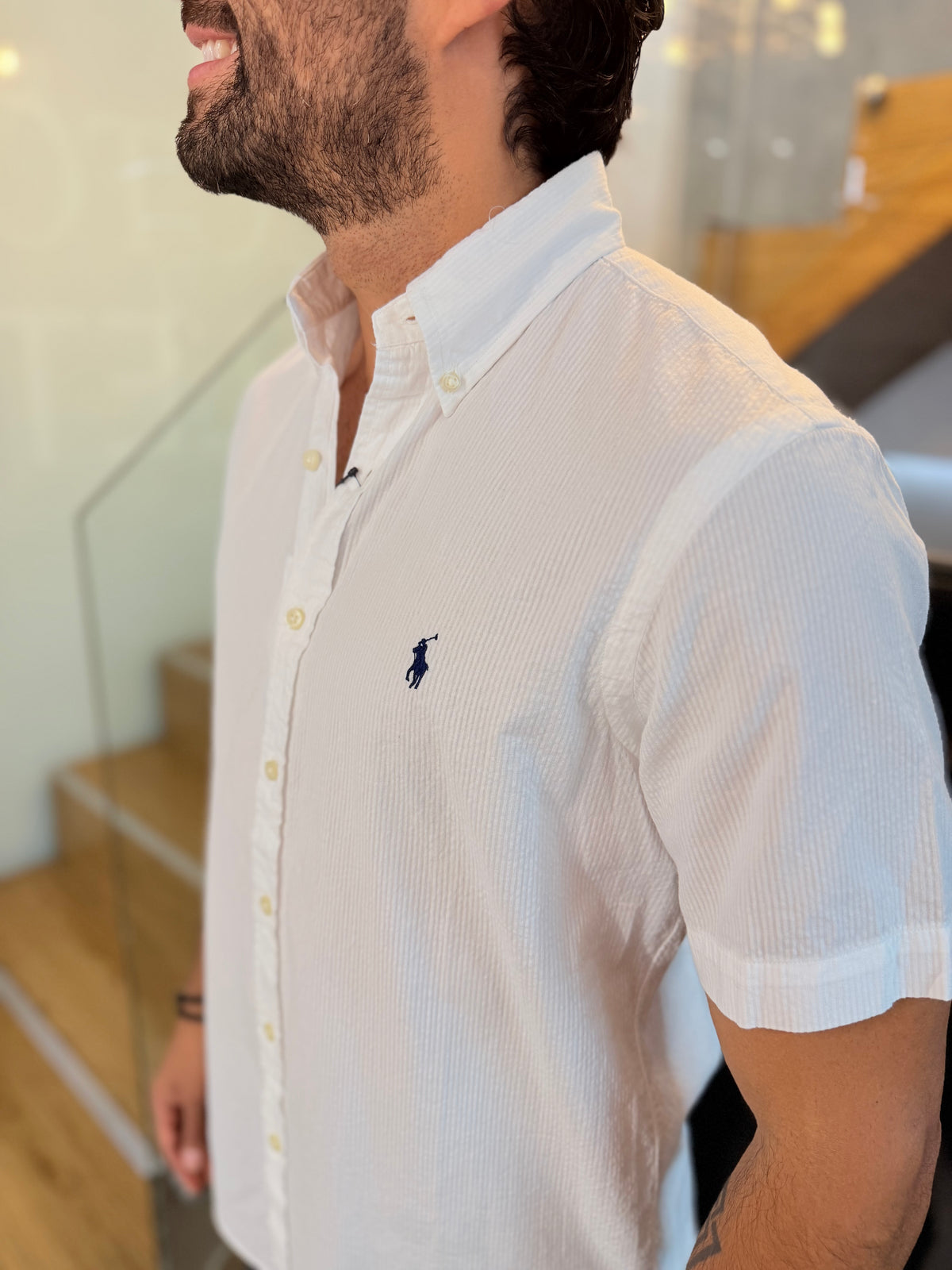 Camisa Polo R.L hombre Manga Corta Galleta Blanca Caballo Azul