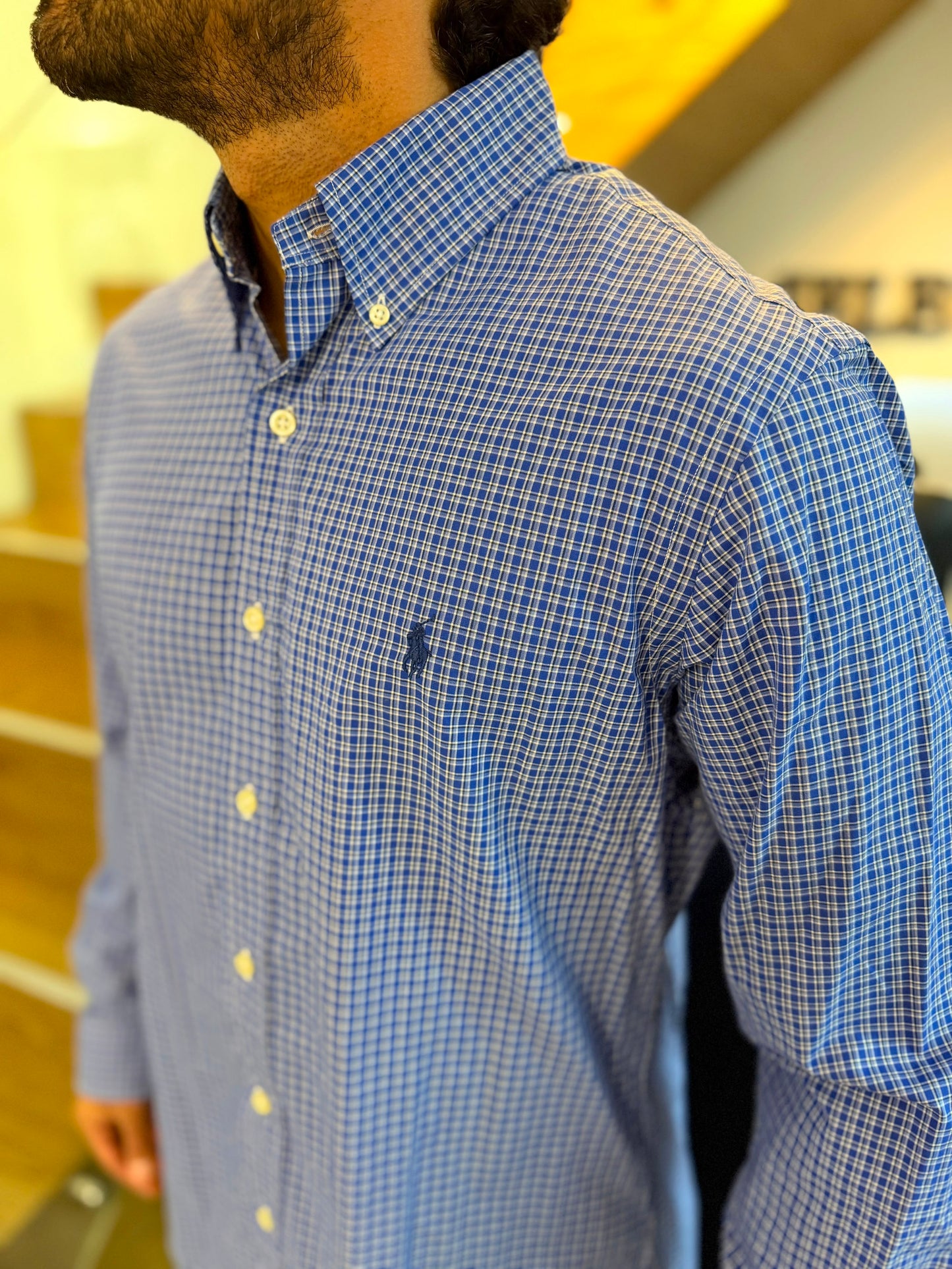 Camisa Polo R.L hombre Algodón Custom Fit Cuadros Azules Caballo Azul