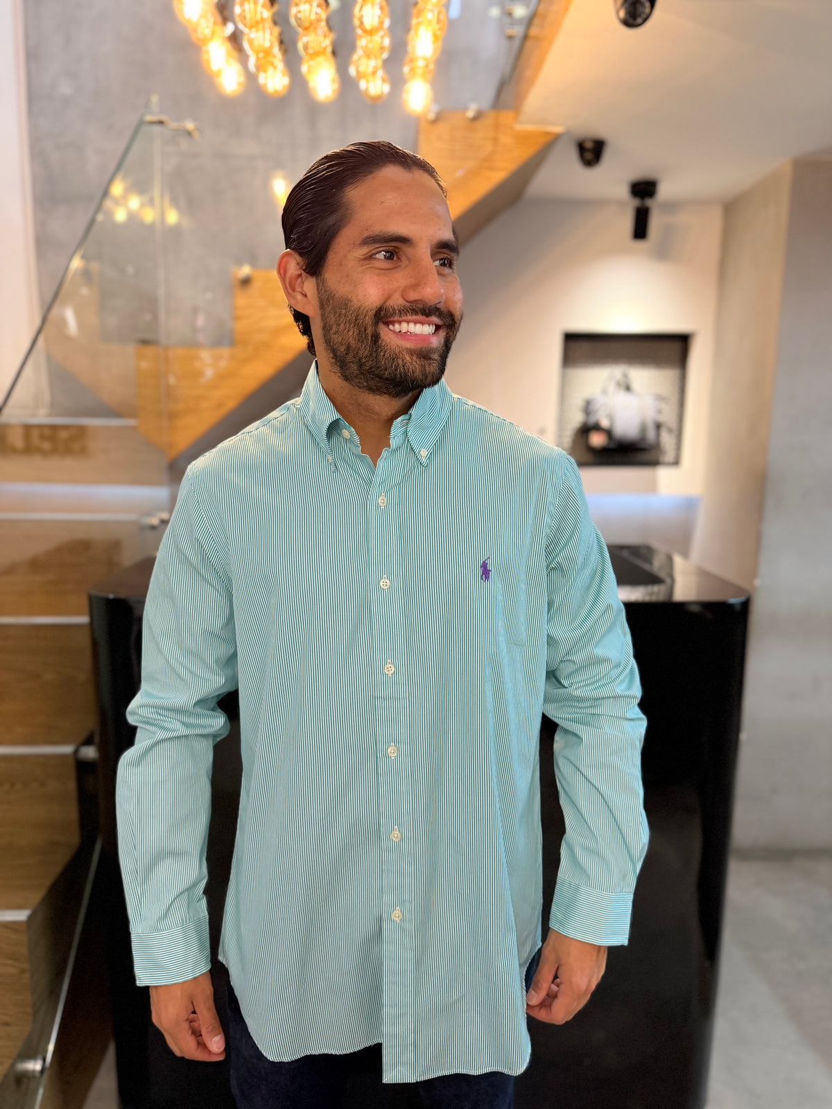 Camisa Polo R.L hombre Algodón Rayas Verde Menta Con Blanco Caballo Morado