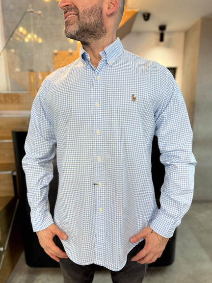 Camisa Polo R.L hombre Oxford Cuadros Celestes Con Blanco Caballo Multicolor