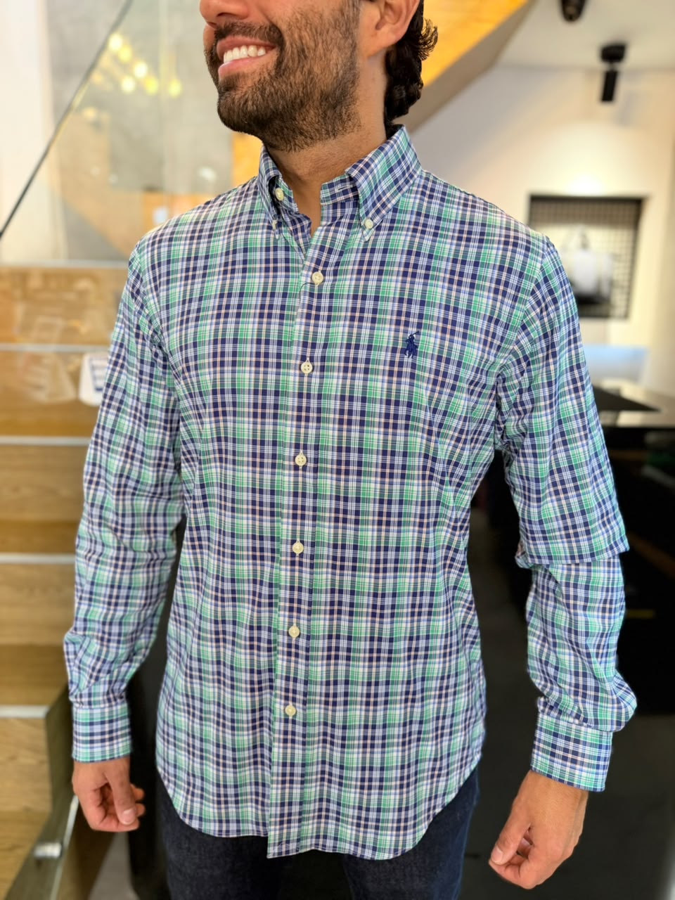 Camisa Polo R.L hombre Algodón Performance Cuadros Azules Con Verde Caballo Azul