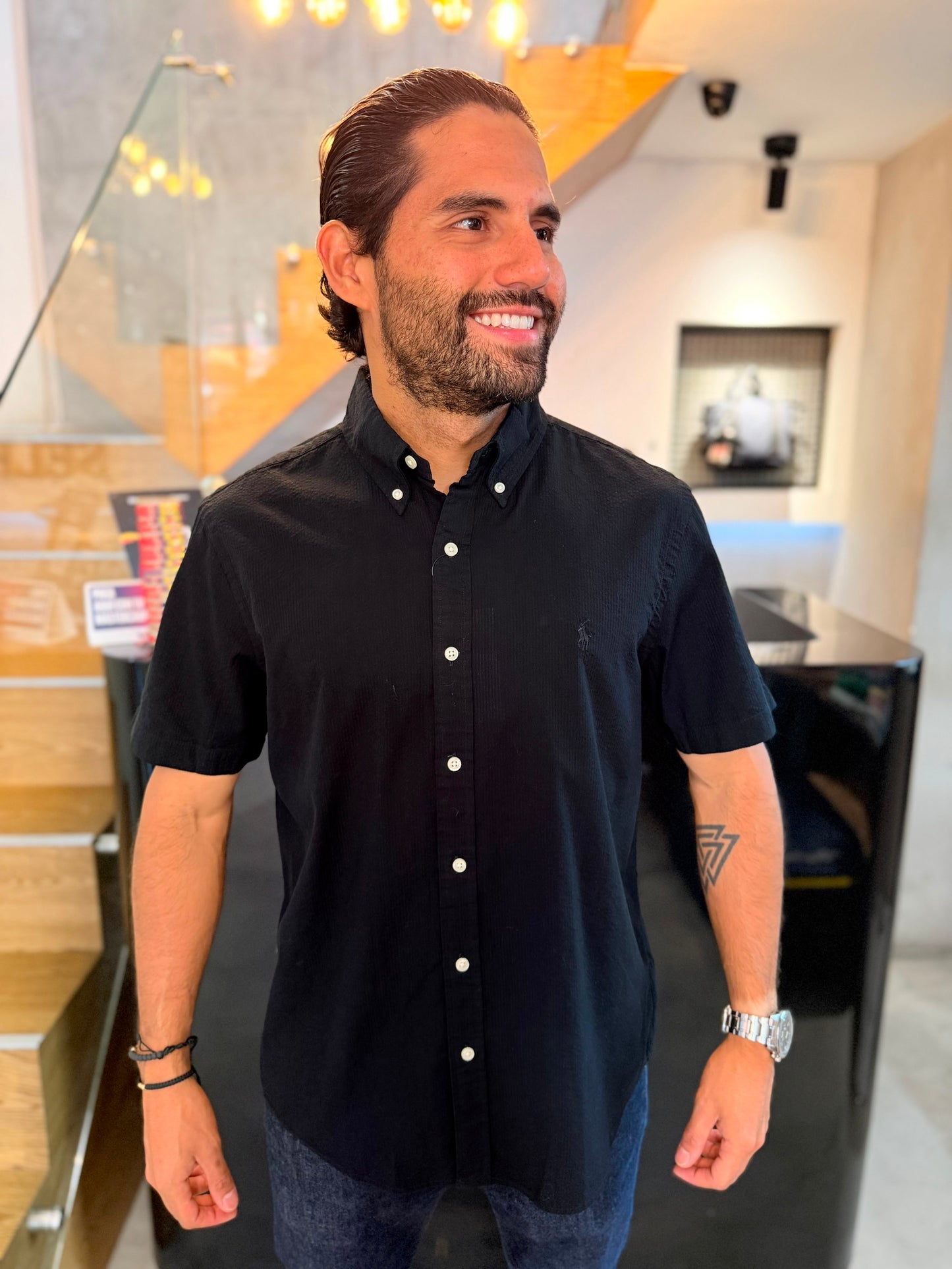 Camisa Polo R.L hombre Manga Corta Galleta Negra Caballo Negro