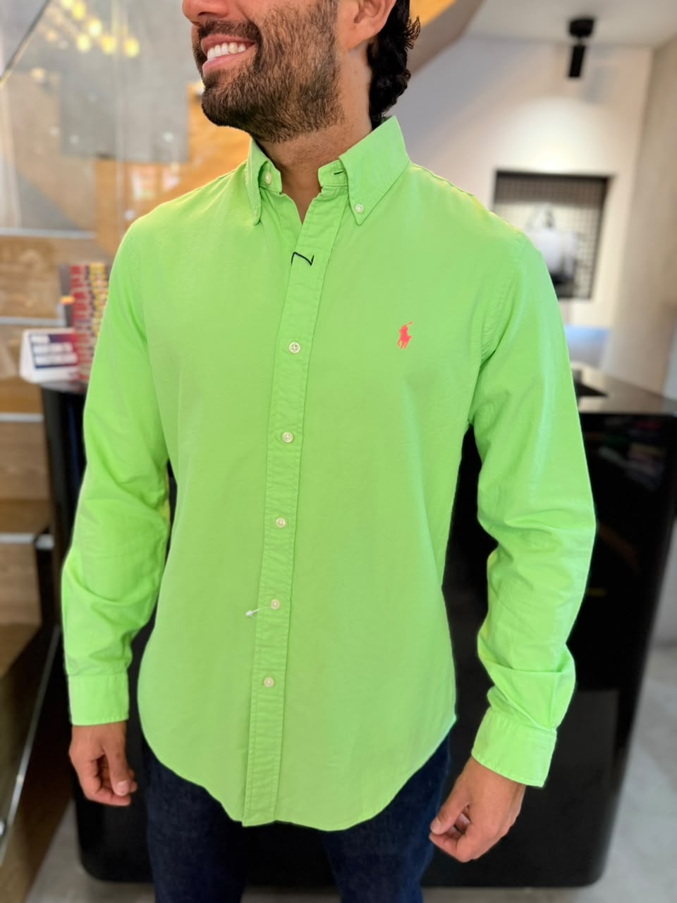 Camisa Polo R.L hombre Oxford Verde Limón Caballo Rosa Fluorescente