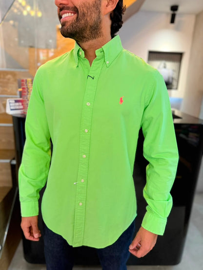 Camisa Polo R.L hombre Oxford Verde Limón Caballo Rosa Fluorescente