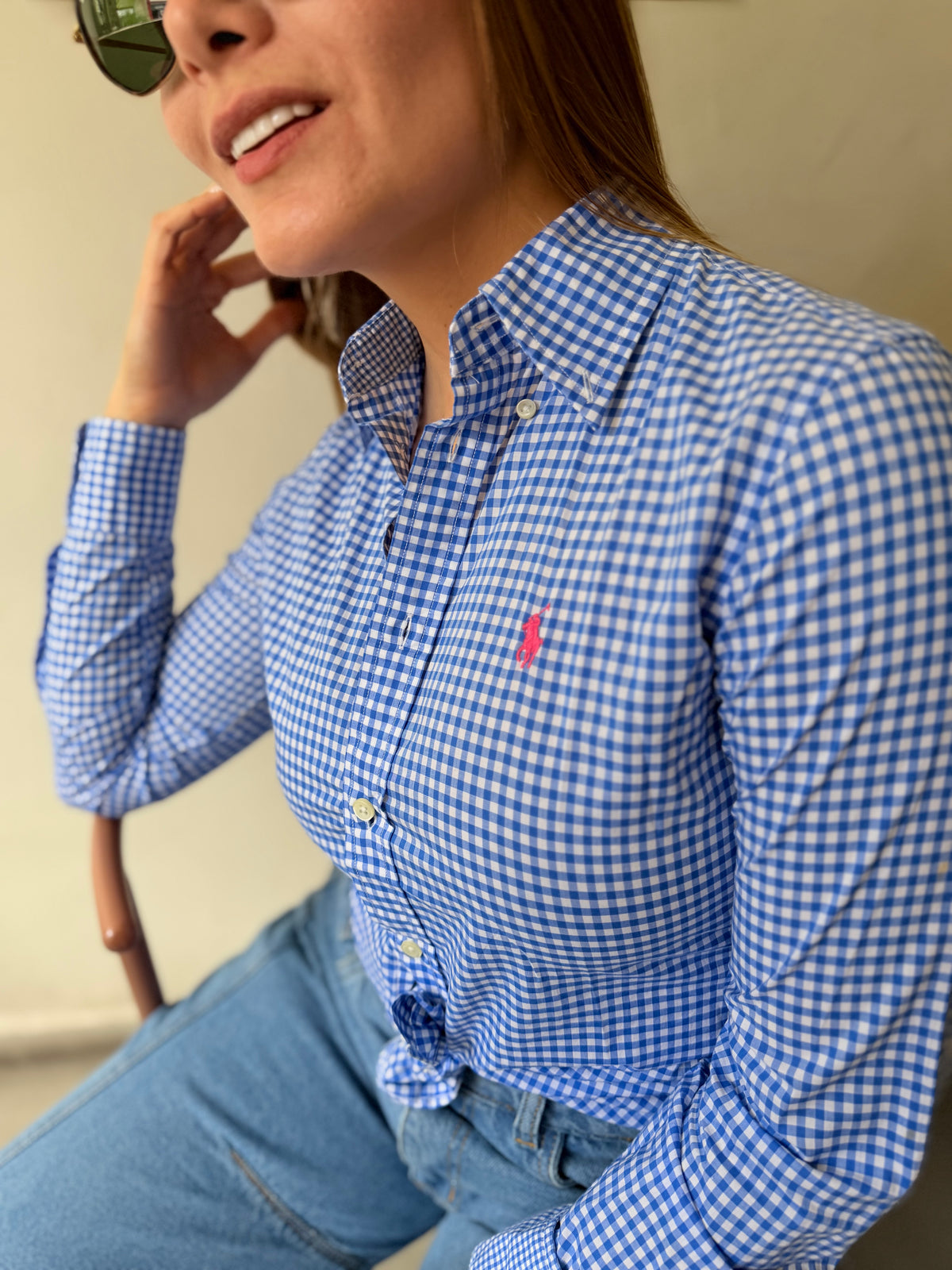 Camisa Polo R.L Dama Algodón Cuadros Azul Caballo Fucsia