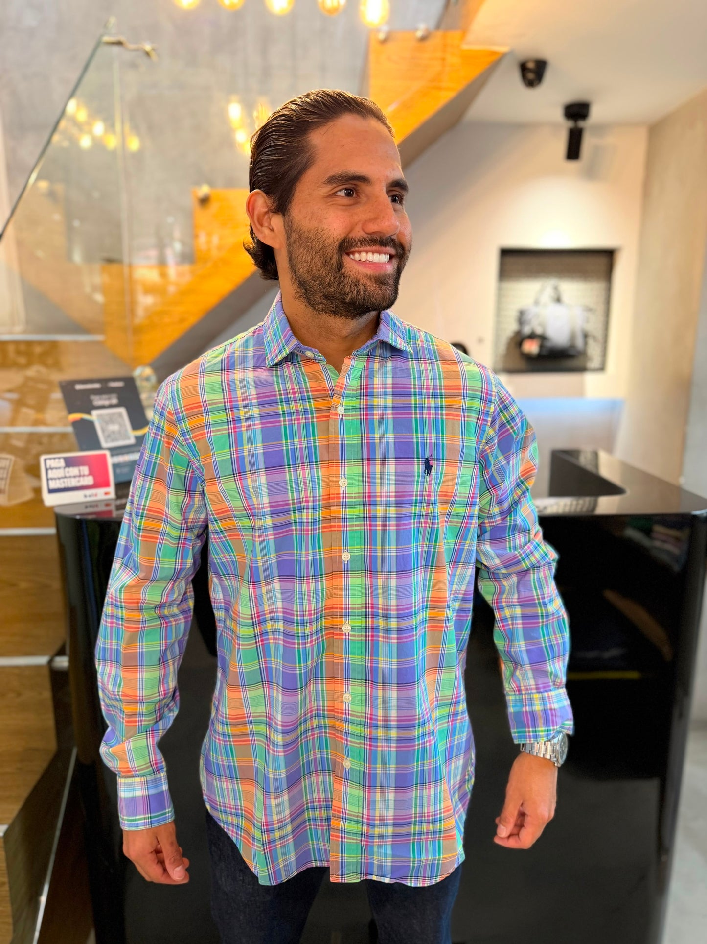 Camisa Polo R.L hombre Algodón Cuadros Colores Caballo Azul