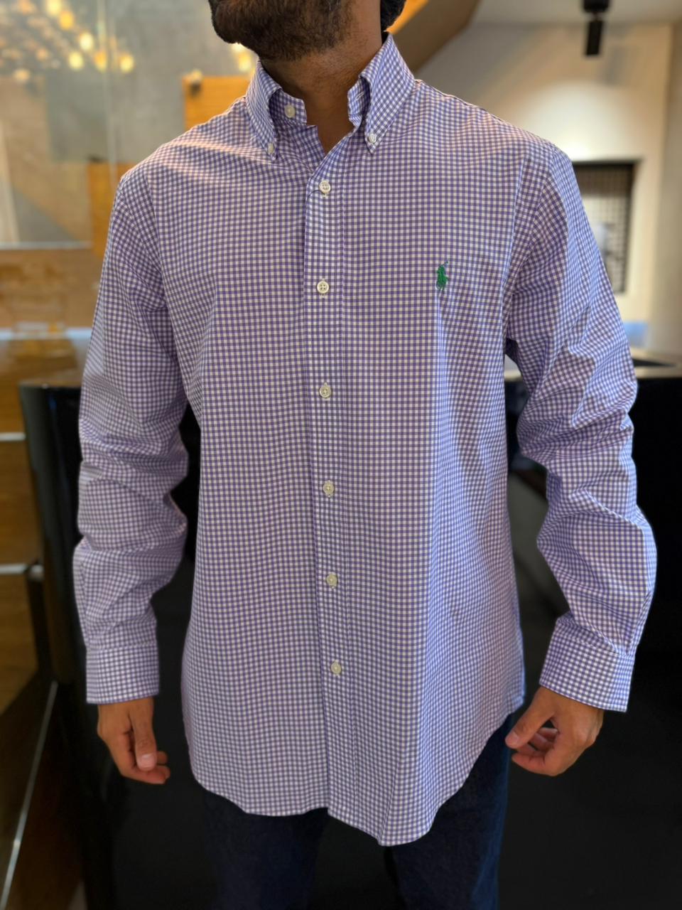 Camisa Polo R.L hombre Algodón Cuadros Morados Con Blanco Caballo Verde