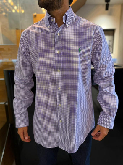 Camisa Polo R.L hombre Algodón Cuadros Morados Con Blanco Caballo Verde