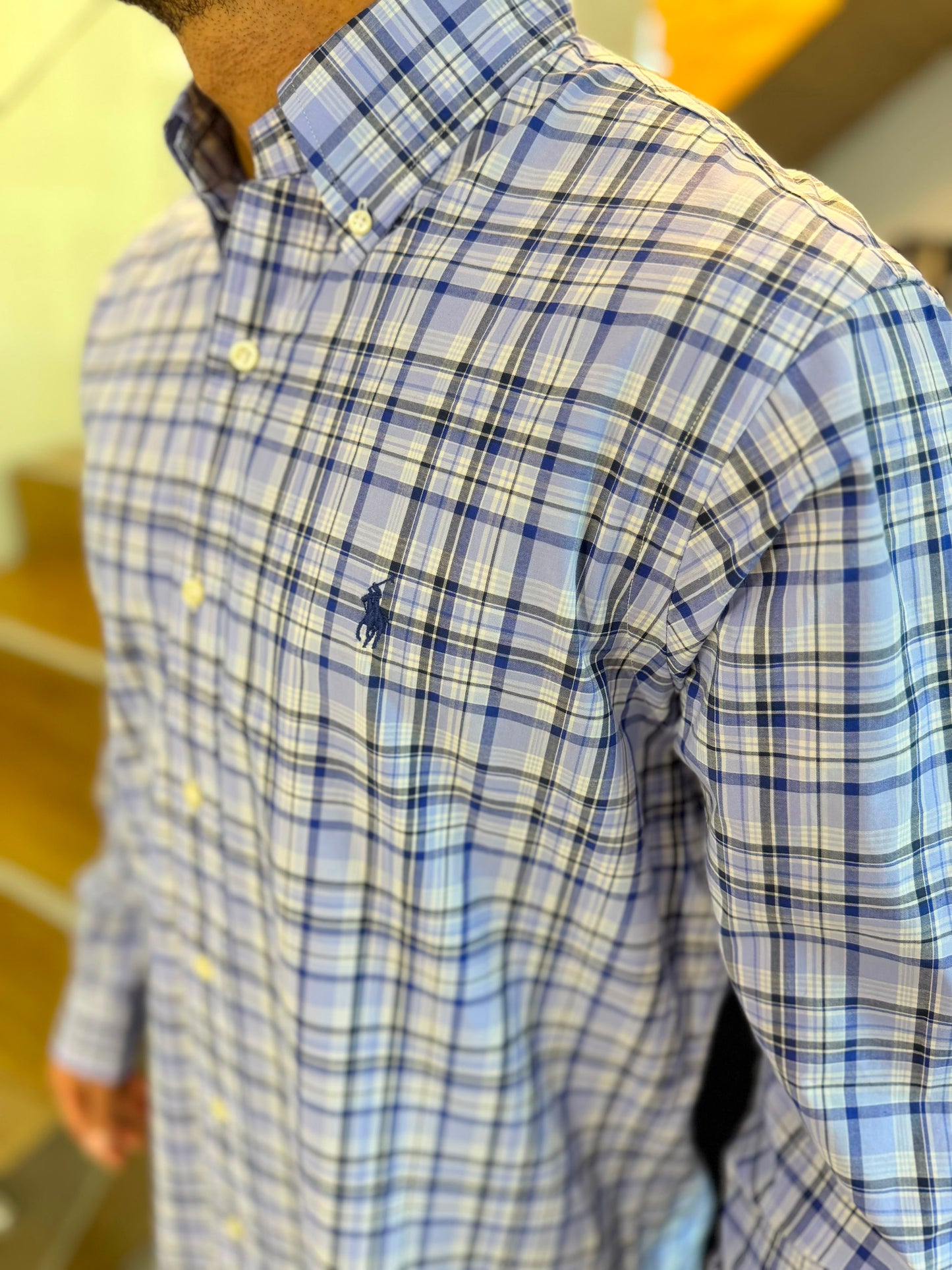 Camisa Polo R.L hombre Algodón Cuadros Azules Con Negro Caballo Azul