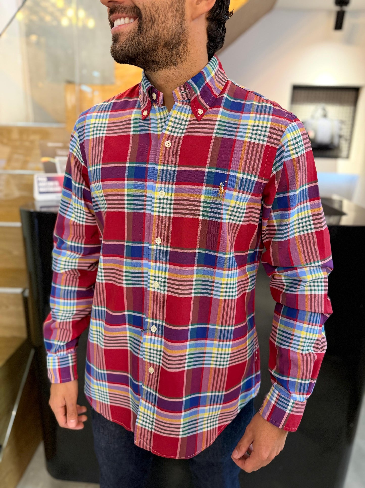 Camisa Polo R.L hombre Oxford Cuadros Rojos Caballo Multicolor