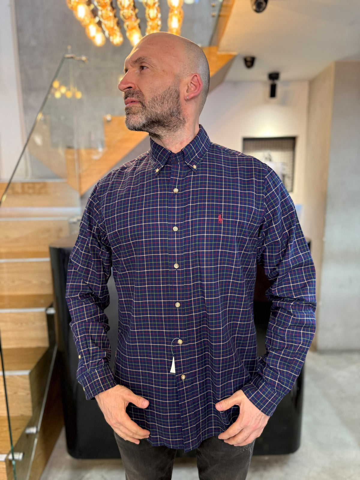 Camisa Polo R.L hombre Algodón Cuadros Azul Oscuro Caballo Rojo