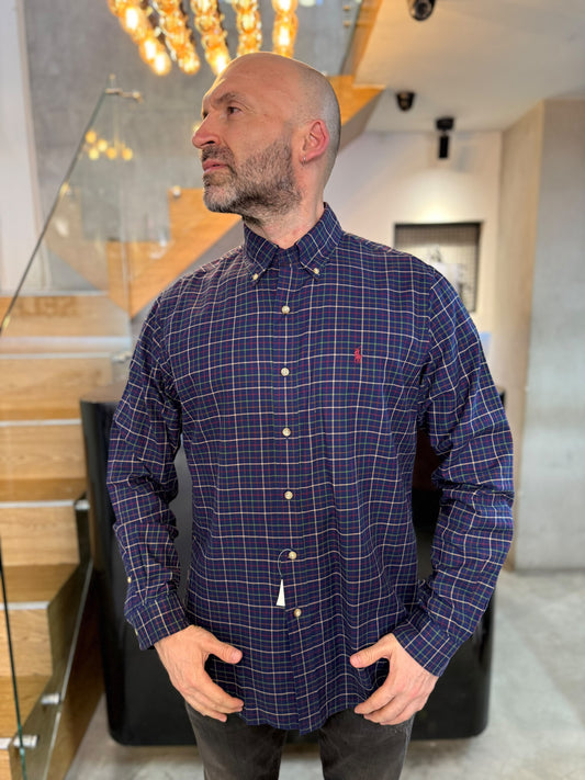 Camisa Polo R.L hombre Algodón Cuadros Azul Oscuro Caballo Rojo