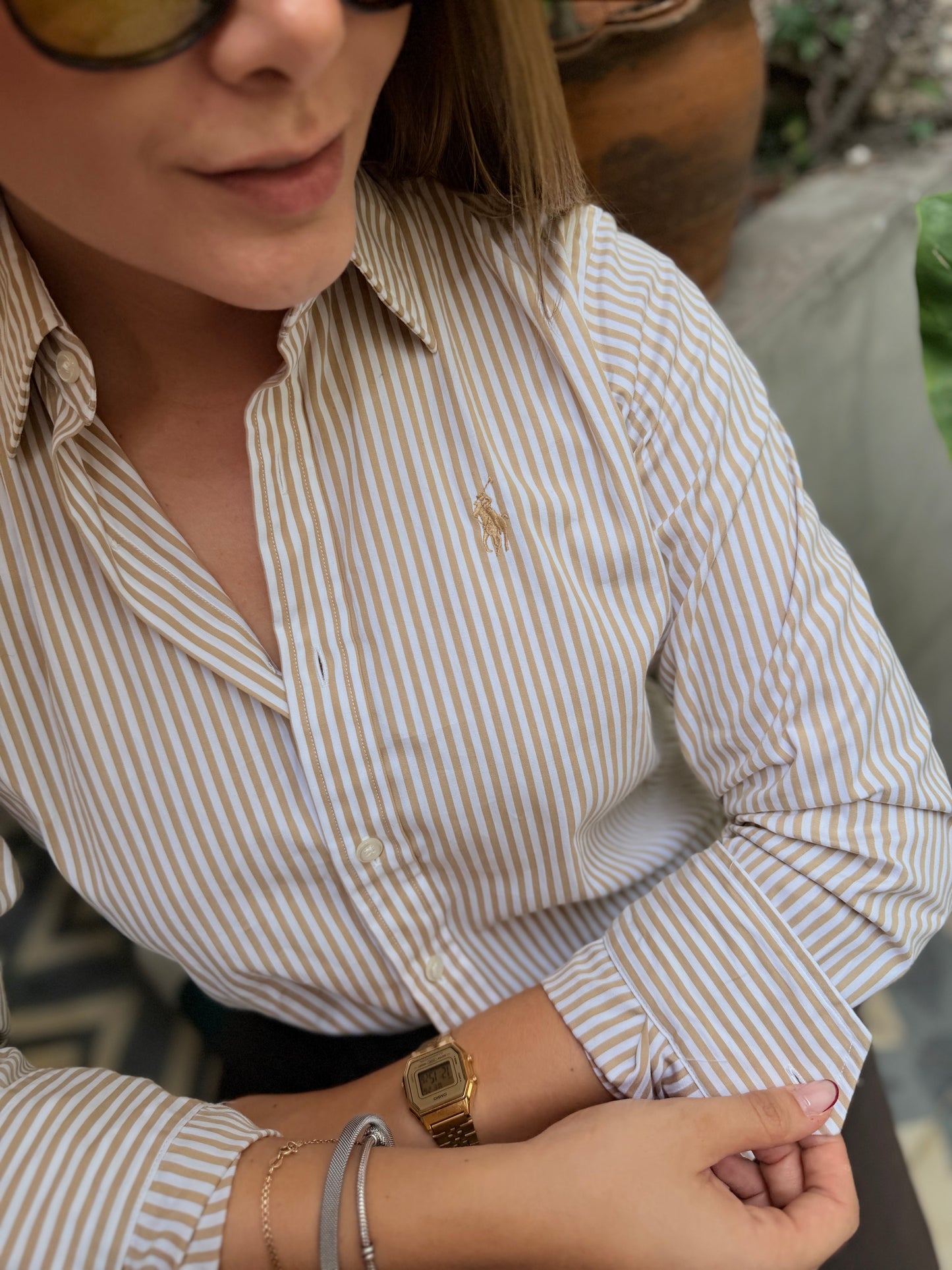Camisa Polo R.L dama Algodón Slim Fit Rayas Beige Caballo Beige