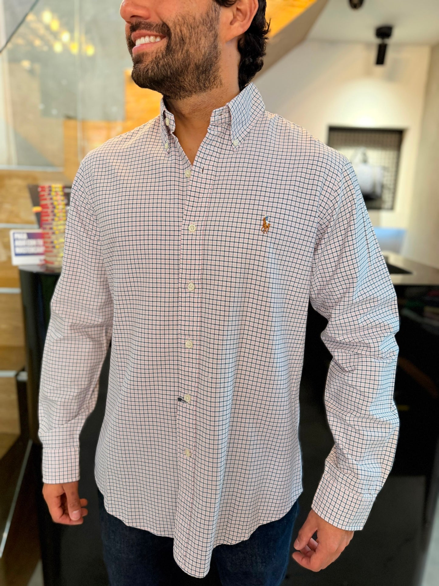 Camisa Polo R.L hombre Oxford Custom Fit Cuadros Blancos Con Rosa Caballo Multicolor