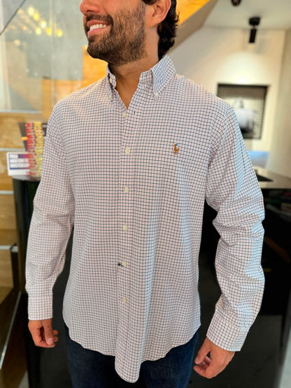 Camisa Polo R.L hombre Oxford Custom Fit Cuadros Blancos Con Rosa Caballo Multicolor