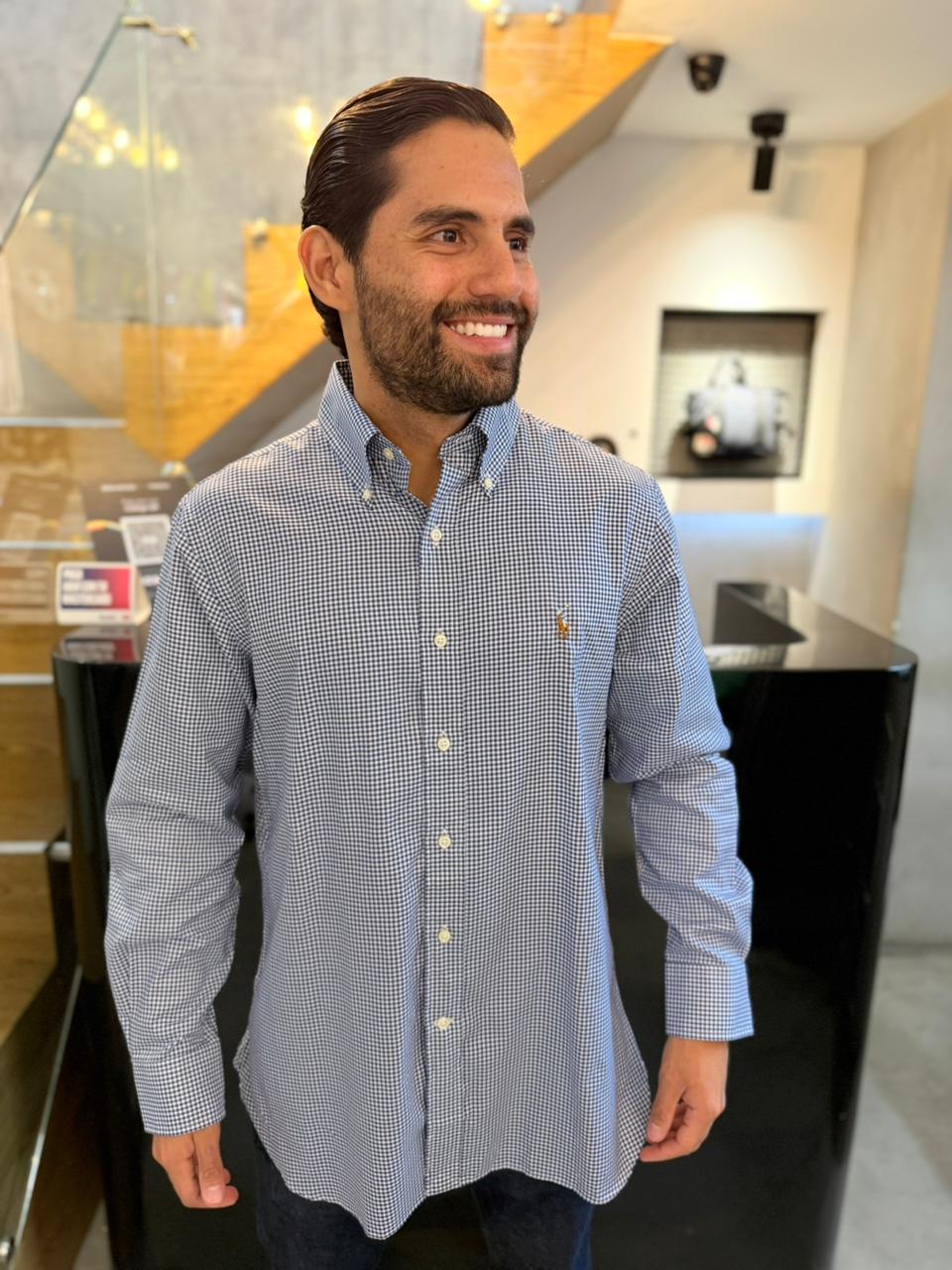 Camisa Polo R.L hombre Algodón Cuadros Azules Con Blanco Caballo Multicolor