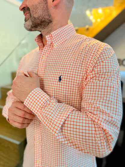 Camisa Polo R.L hombre Algodón Slim Fit Cuadros Blancos Con Naranja Caballo Azul