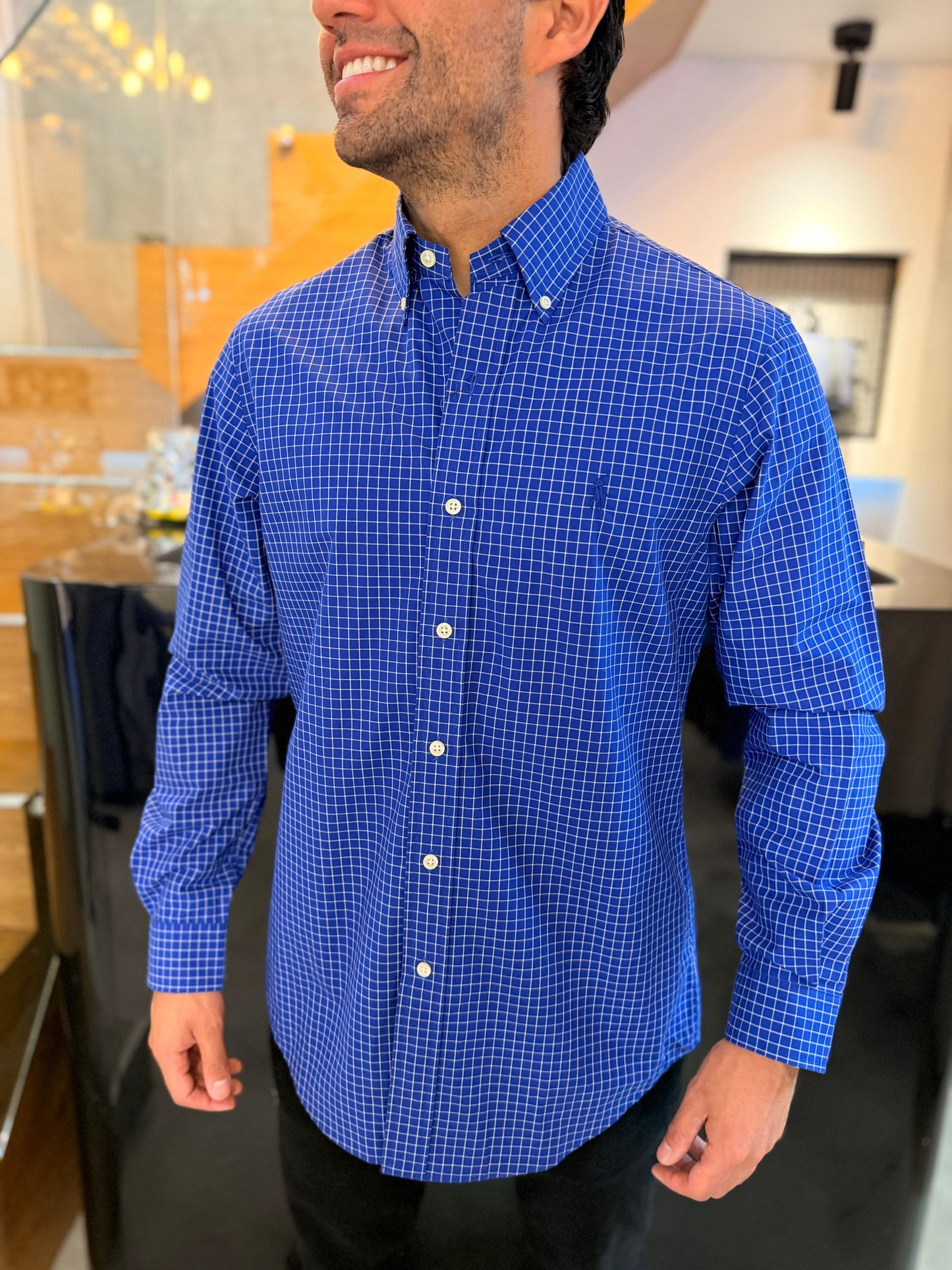 Camisa Polo R.L hombre Algodón Cuadros Azules Caballo Azul