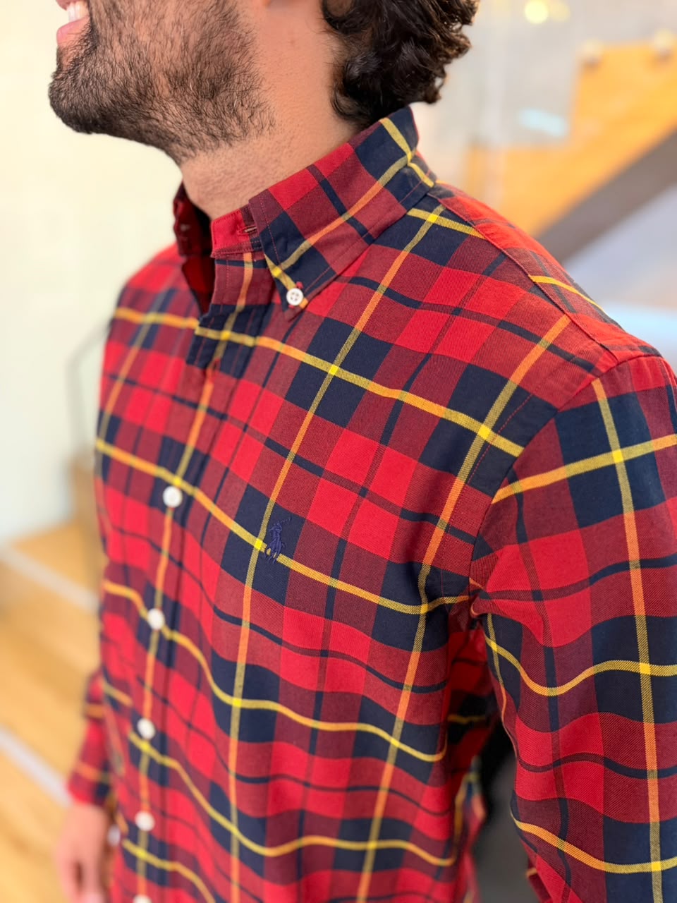 Camisa Polo R.L hombre Oxford Cuadros Rojos Con Amarillo Caballo Azul