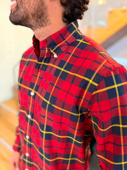 Camisa Polo R.L hombre Oxford Cuadros Rojos Con Amarillo Caballo Azul