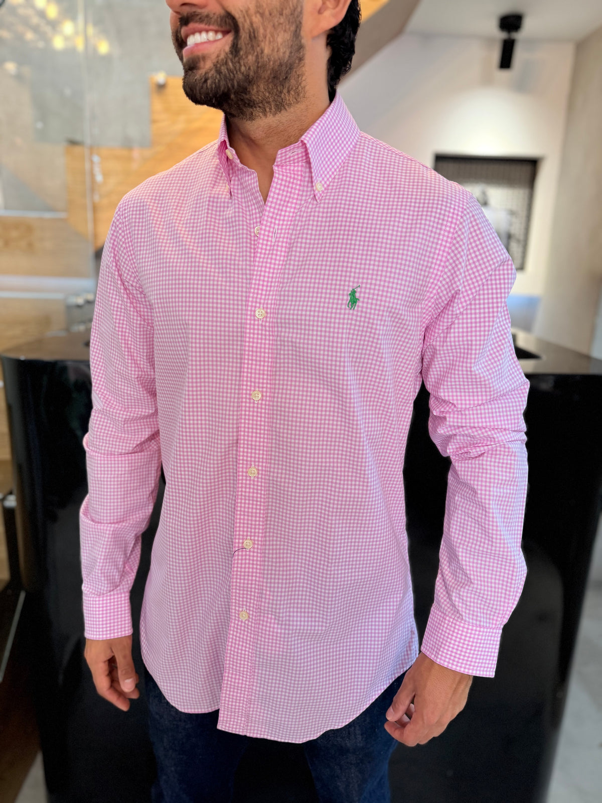 Camisa Polo R.L hombre Algodón Cuadros Rosados Con Blanco Caballo Verde