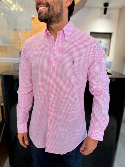 Camisa Polo R.L hombre Algodón Cuadros Rosados Con Blanco Caballo Verde