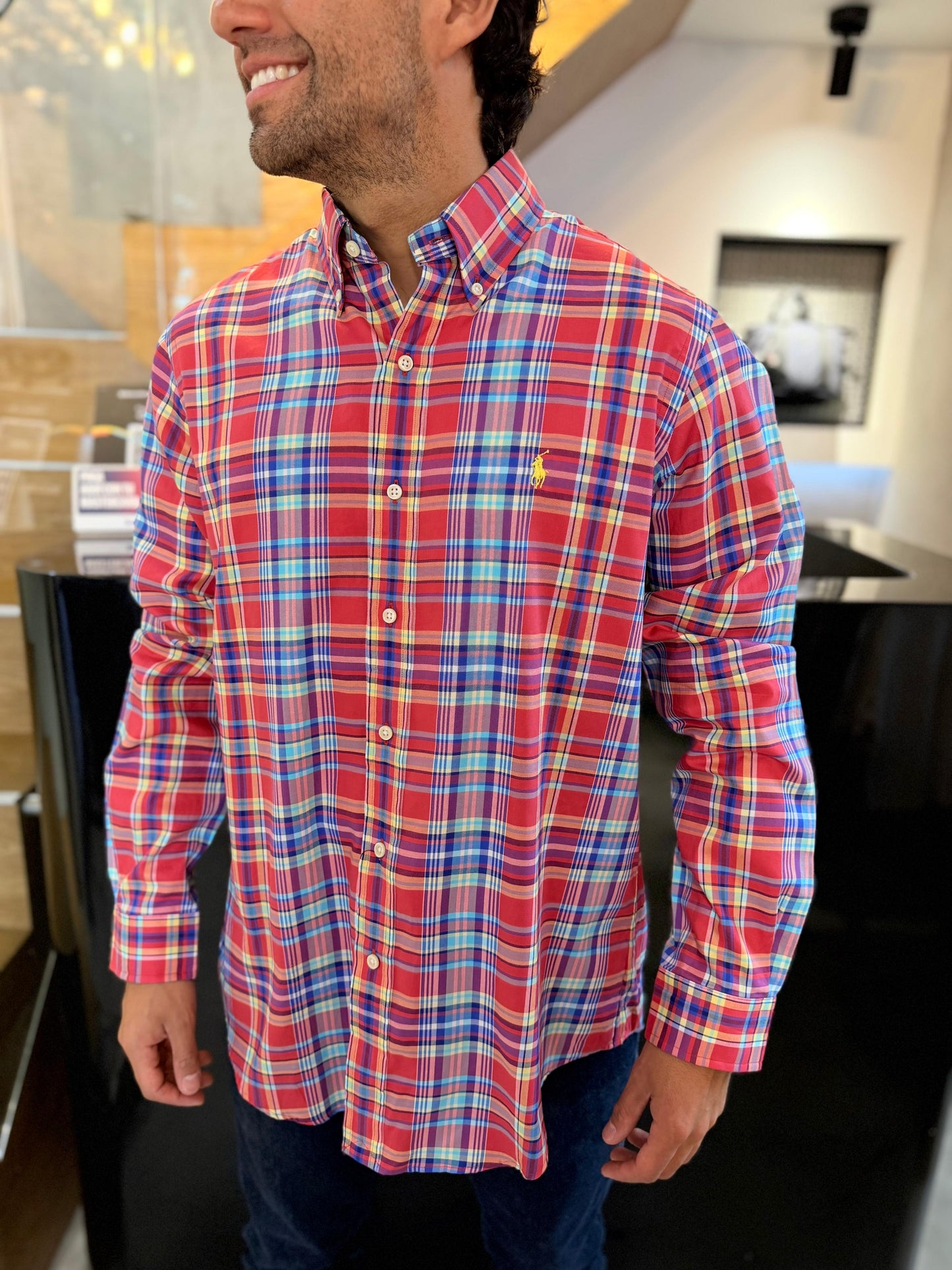Camisa Polo R.L hombre Algodón Cuadros Rojos con Azul Caballo Amarillo