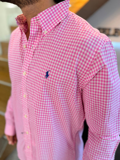Camisa Polo R.L hombre Algodón Cuadros Rosados Con Blanco Caballo Azul