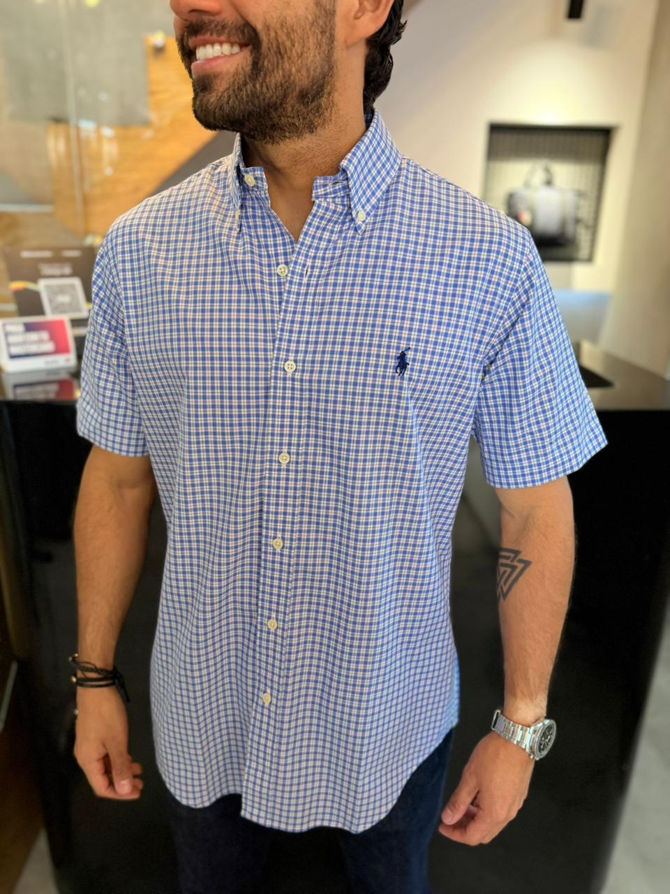 Camisa Polo R.L hombre Manga Corta Algodón Cuadros Azules Con Blanco Caballo Azul