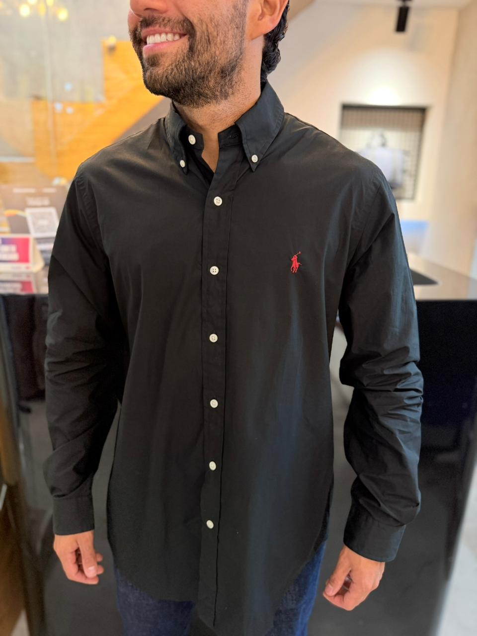 Camisa Polo R.L hombre Algodón Negra Caballo Rojo