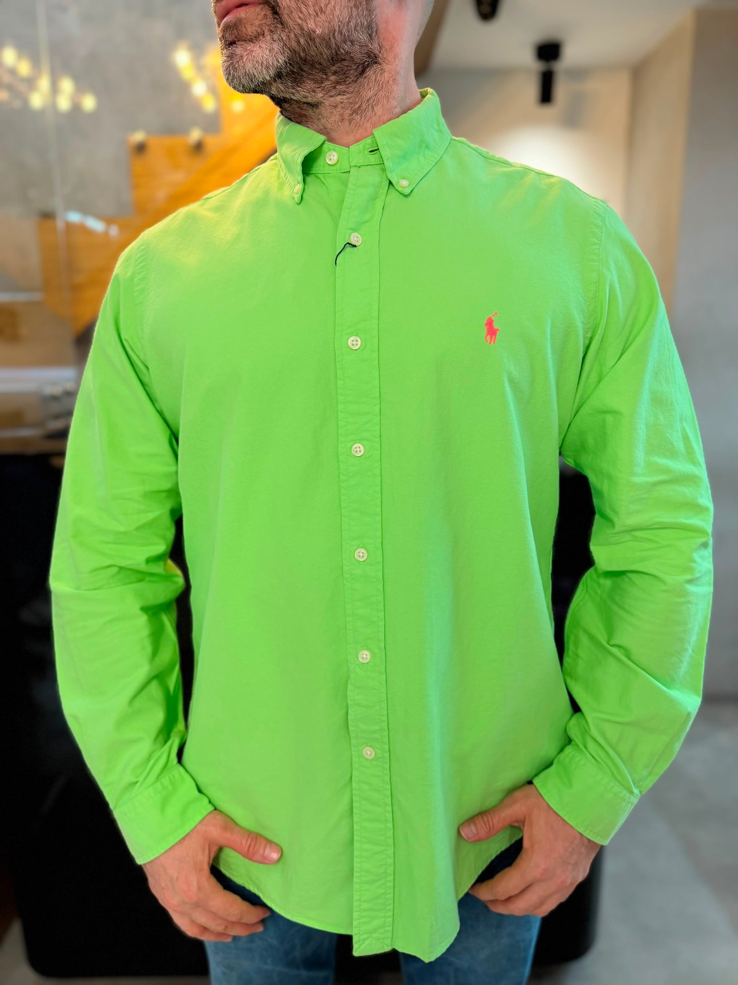 Camisa Polo R.L hombre Oxford Verde Limón Caballo Rosa Neon