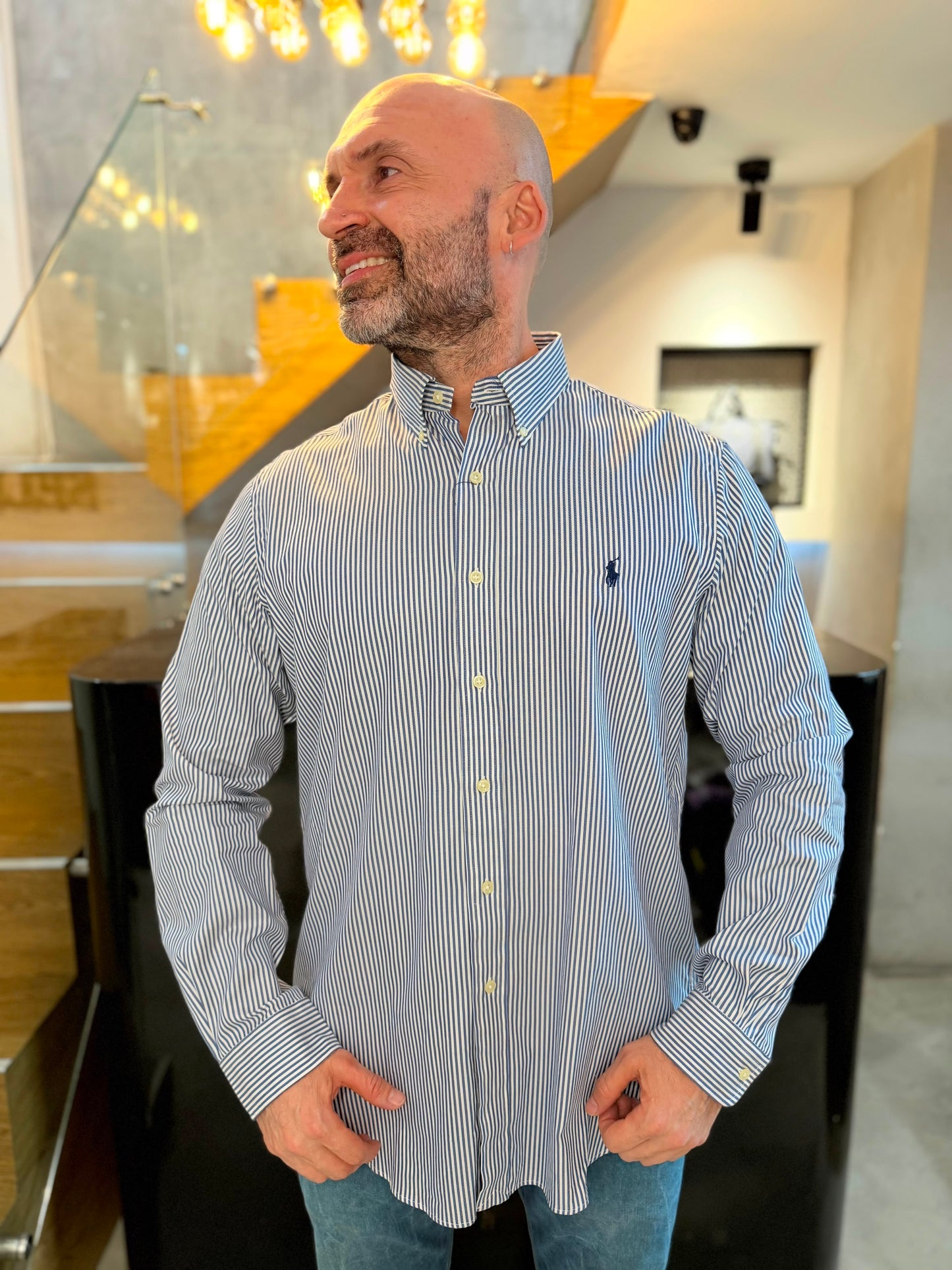 Camisa Polo R.L hombre Algodón Rayas Azules Con Blanco Caballo Azul