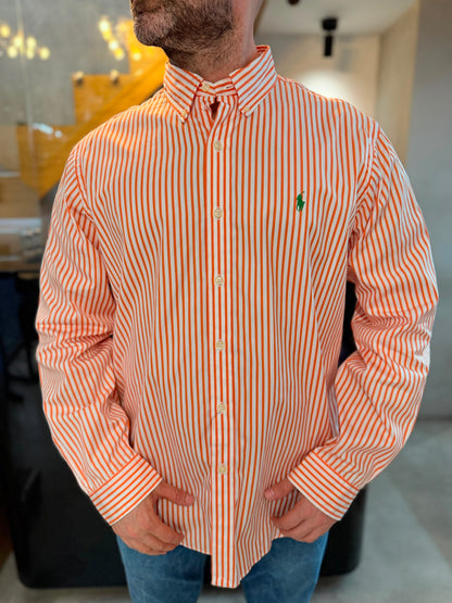 Camisa Polo R.L hombre Algodón Rayas Naranjas Con Blanco Caballo Verde