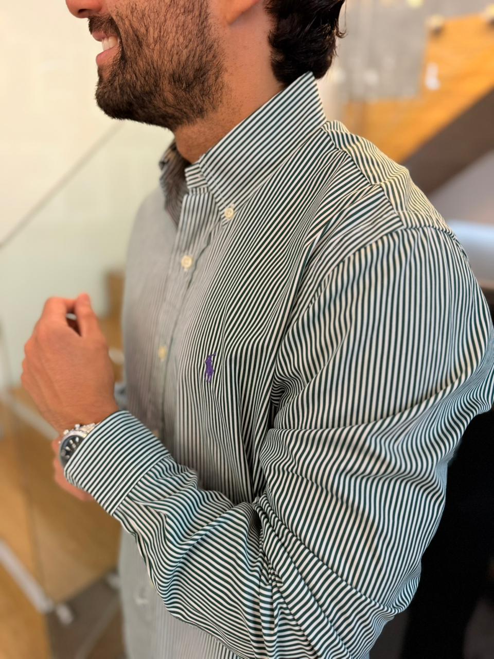 Camisa Polo R.L hombre Custom Fit Algodón Rayas Verdes Con Blanco Caballo Morado