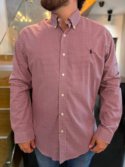 Camisa Polo R.L hombre Algodón Slim fit Cuadros Vinotinto Caballo Azul